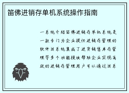笛佛进销存单机系统操作指南
